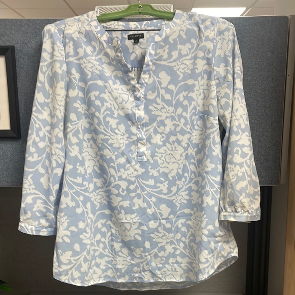 Talbots Light Blue and White Floral Print Blouse